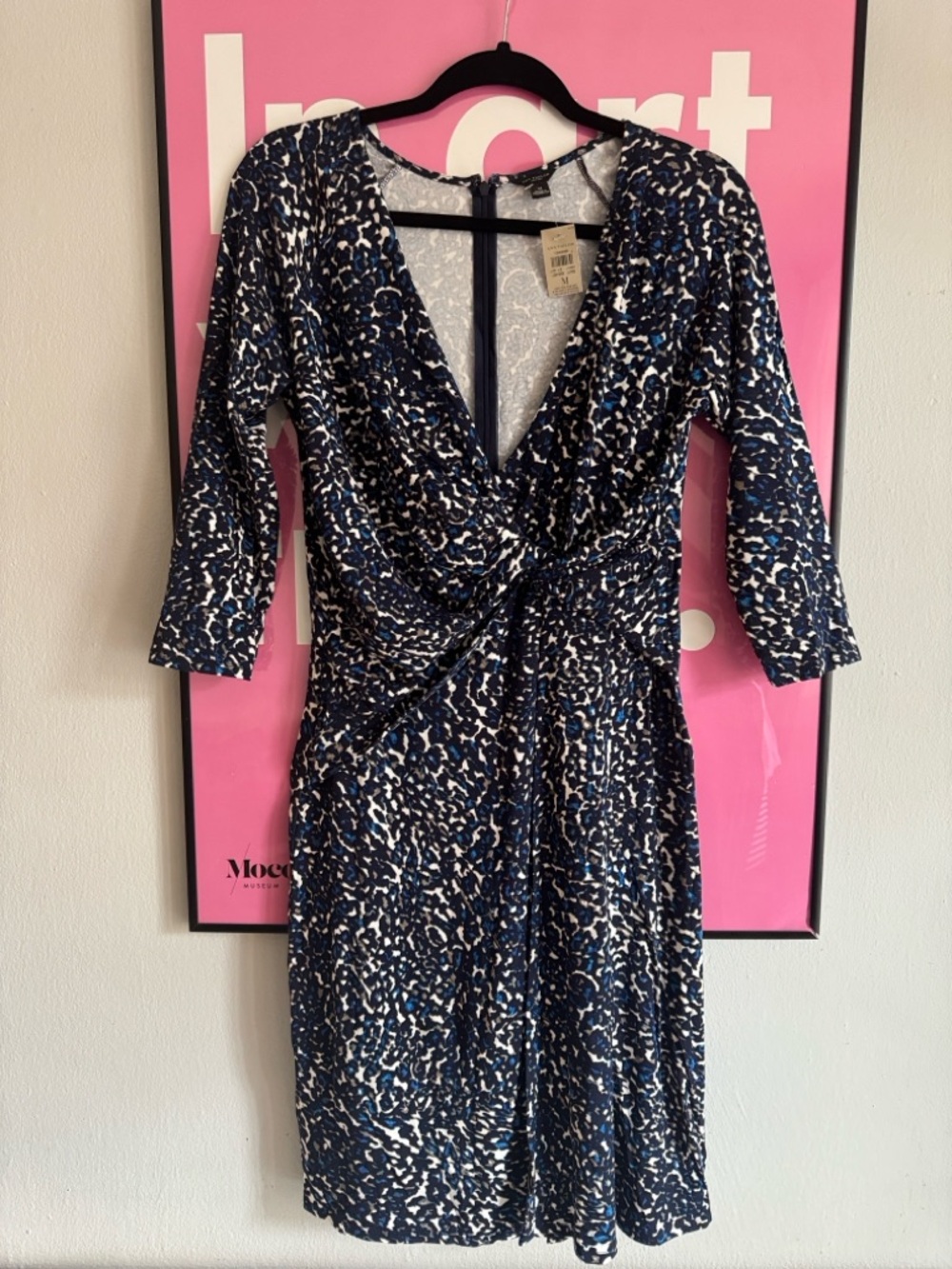 Ann Taylor Navy and White Printed Long Sleeve Wrap Dress